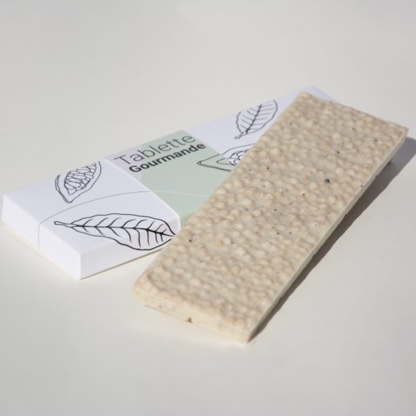 Tablette gourmande chocolat blanc, perles croustillants et vanille